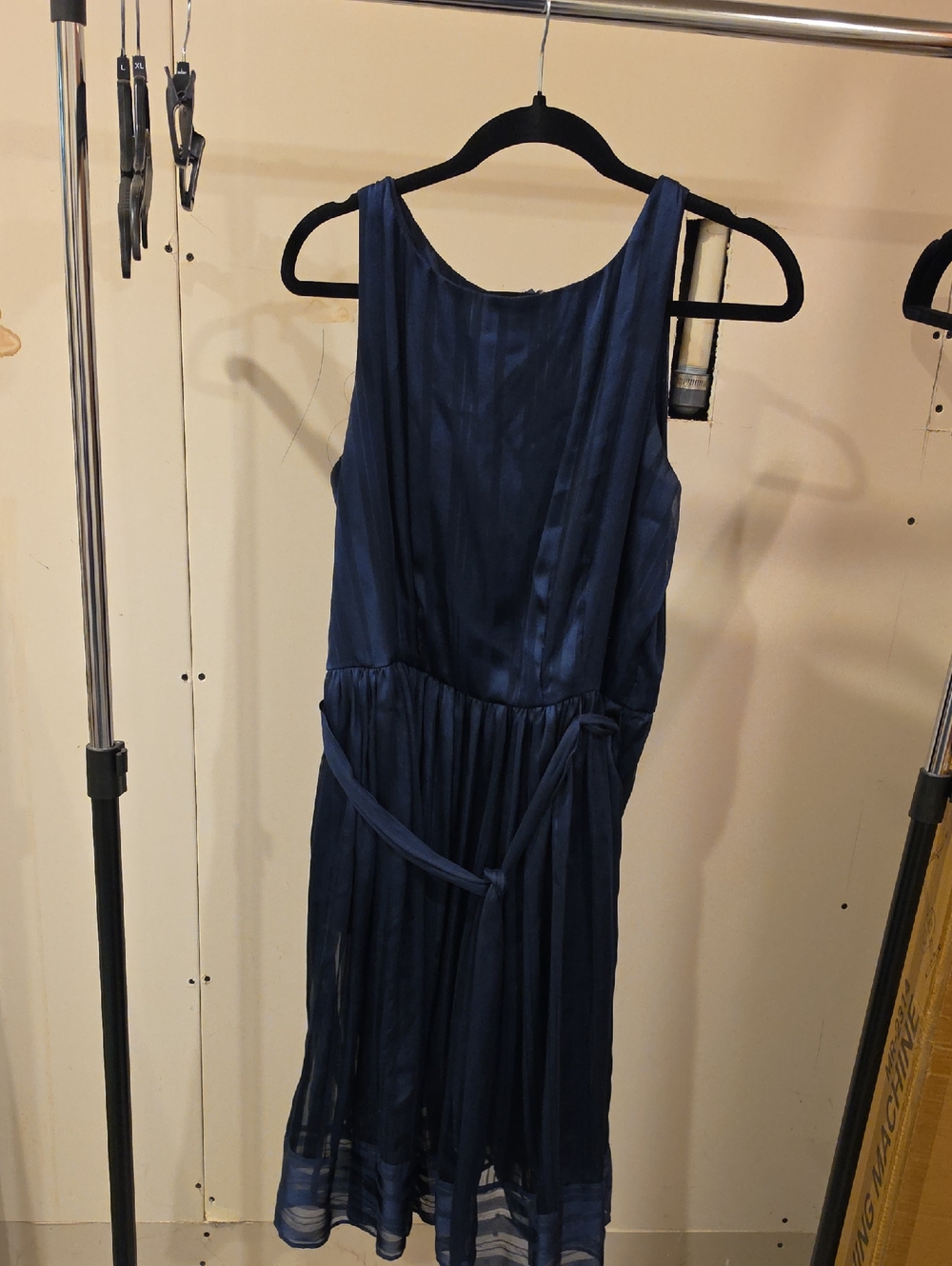 Carmen Marc Valvo Navy Sleeveless Midi Dress with Waist Tie